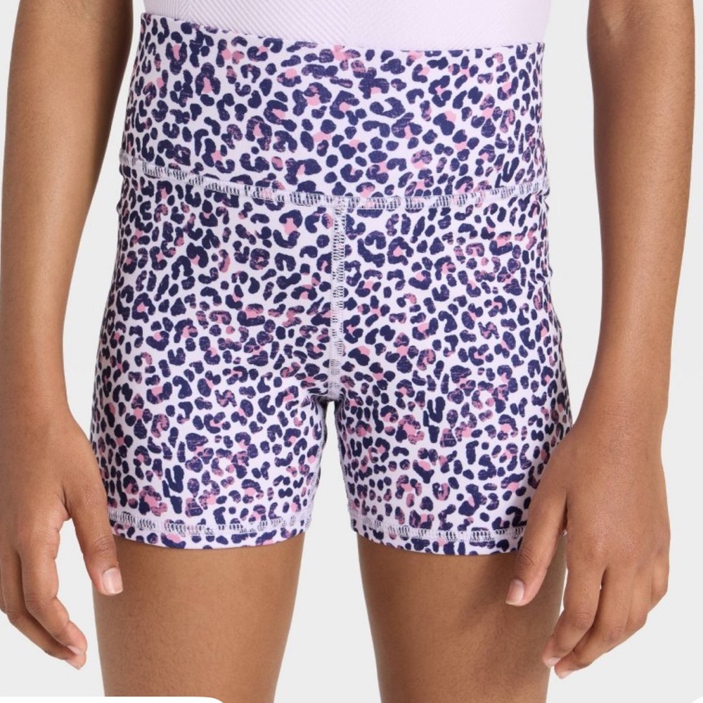 All in Motion Purple Pink and Black Leopard Print Soft Compression Shorts.
